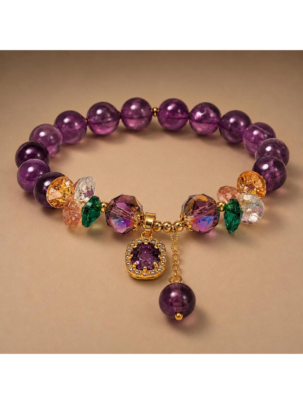 Purple Crystal Beaded Stretch Bracelet with Gold Charm Pendant